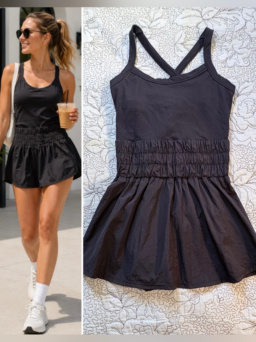 Free People Movement The Way Home Skortsie Black Ruched Waist Built In Bra~L🧡